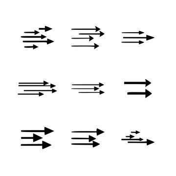 Set of minimalist multi-line horizontal arrows, parallel motion pointers and creative linear direction silhouettes vector illustration.