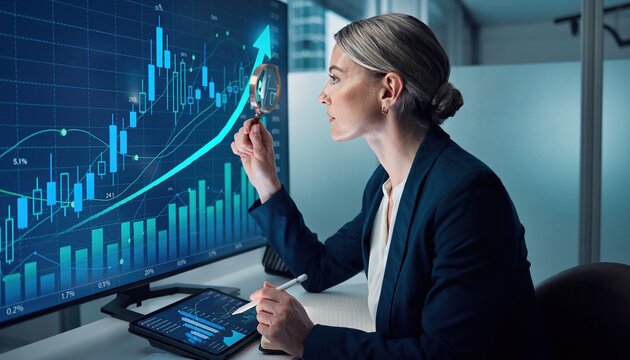 Analyzing Market Dynamics: A focused individual intently examines a detailed financial chart, employing a magnifying glass and stylus to dissect market trends and make informed decisions.