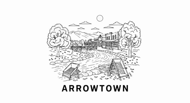 Hand-drawn illustration of an old western town with a winding road