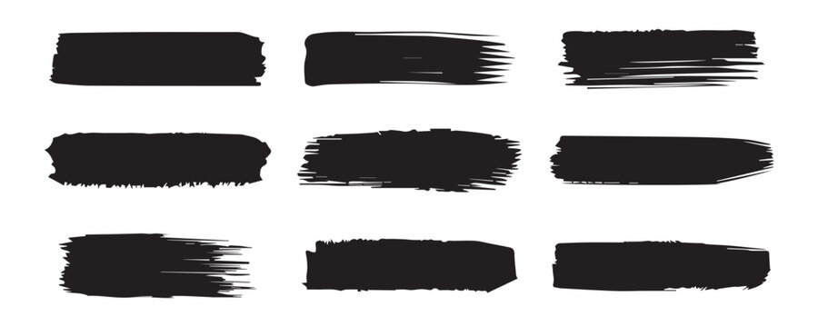 Black grunge brush stroke set. Hand drawn ink paint lines and distressed censorship bars. Professional vector asset pack for urban street art design.
