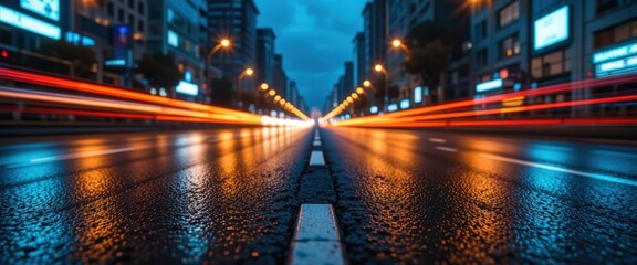 Fototapeta premium City street at night with car lights and wet pavement creating reflections