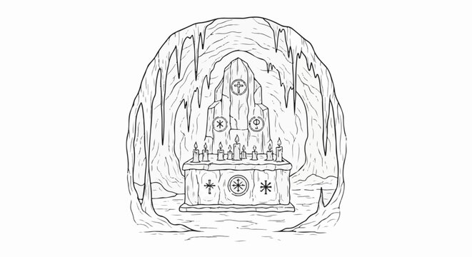 A cave altar adorned with symbols and lit by candles, with icicles overhead