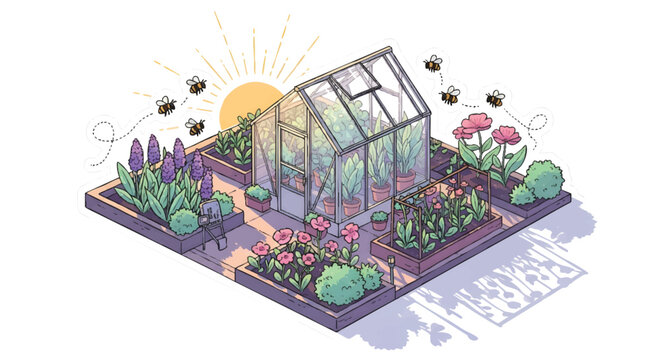 Isometric garden with greenhouse and flowers