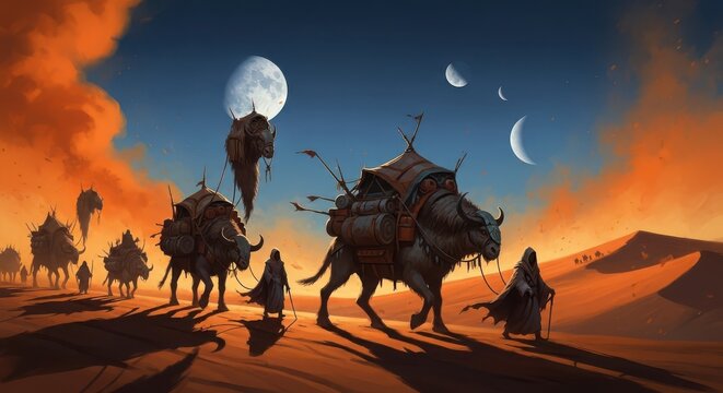 Travelers lead a caravan of pack beasts across a vast desert landscape under multiple moons.