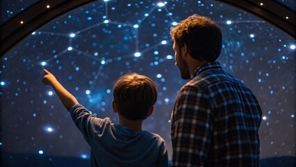 Father Day A child and an adult observe and point at a starry constellation map in a dark, immersive space setting.