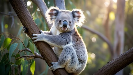 Obraz premium A koala bear sitting on a tree branch in a forest looking directly at the camera