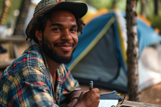Young african american man with curly hair is sitting at a picnic table, smiling while writing in a notebook, surrounded by camping tents and nature, capturing joyful outdoor moments