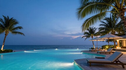 Fototapeta premium Sunset view of poolside with palm trees and ocean in background at a tropical location