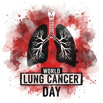 Human lung graphic with bronchi, trachea, and grunge text, highlighted by dark red watercolor splatters