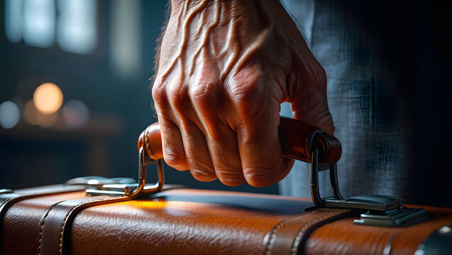 An old hand clutching an antique leather suitcase handle, implying travel, heritage or recollections.