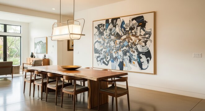 Modern dining room features a live edge wooden table and abstract wall art.