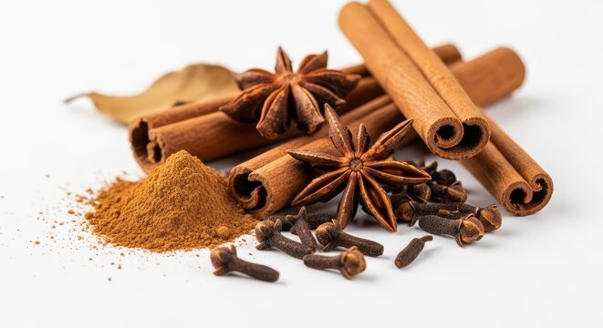 Warm, rustic macro shot showcasing fragrant cinnamon sticks, powdered cinnamon, and autumnal baking spices like star anise and whole cloves for seasonal cooking, close up, cozy, wood