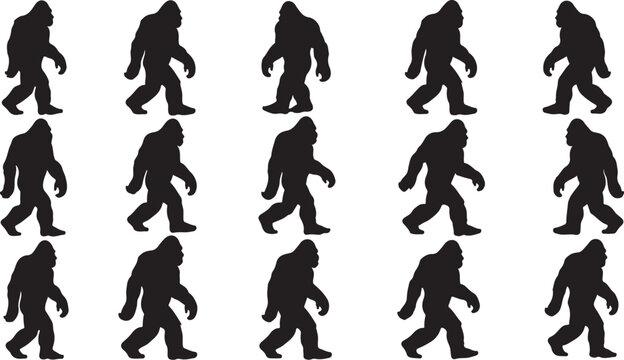 Multiple Bigfoot silhouettes walking in various poses together