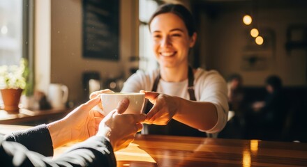 Obraz premium Smiling barista hands a warm cup of coffee to a customer in a cozy cafe.