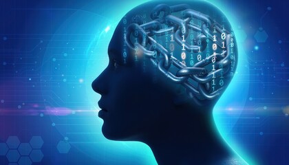 Obraz premium Mind Unchained: An illuminated human silhouette reveals the inner workings of the mind, with a chain-linked brain symbolizing intellectual freedom.