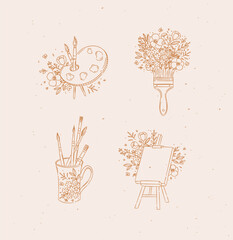 Cup with brushes, art easel, palette with floral arrangement drawing in graphic style on beige background © anna42f