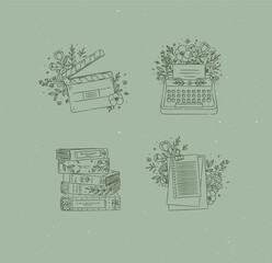 Clapperboard, typewriter, stack of books, paper checklist with floral arrangement drawing in graphic style on green background © anna42f