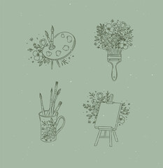 Cup with brushes, art easel, palette with floral arrangement drawing in graphic style on green background © anna42f