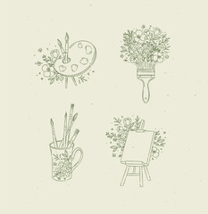 Cup with brushes, art easel, palette with floral arrangement drawing in graphic style with green color on beige background © anna42f