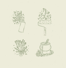 Spray can, paint roller, brush and can with floral arrangement drawing in graphic style with green color on beige background © anna42f