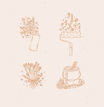 Spray can, paint roller, brush and can with floral arrangement drawing in graphic style with on beige background