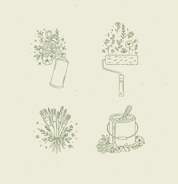 Spray can, paint roller, brush and can with floral arrangement drawing in graphic style with green color on beige background