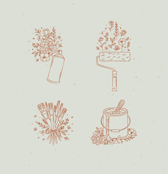 Spray can, paint roller, brush and can with floral arrangement drawing in graphic style with green coral on light background
