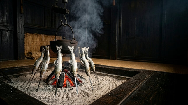 Traditional Japanese Irori sunken hearth with salt-crusted Ayu sweetfish roasting over charcoal embers in a rustic farmhouse.
