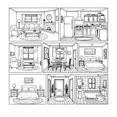 Line Drawing Vector Illustration Of A Modern Home Interior Featuring Living Room Kitchen Bedroom Bathroom And Dining Space In One Scene © iman