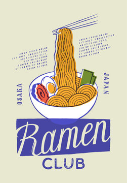 Ramen Vintage Typography T-Shirt Print with Chopsticks Holding Noodles Vector Illustration