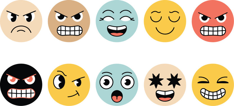 Retro emoji faces expressing diverse emotions joy anger sadness surprise colorful vintage style flat vector illustration design.