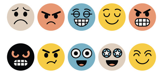 Fototapeta premium Retro emoji faces expressing diverse emotions joy anger sadness surprise colorful vintage style flat vector illustration design.