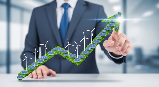 Businessman with Solar Arrow and Wind Turbines, Renewable Energy Growth Concept