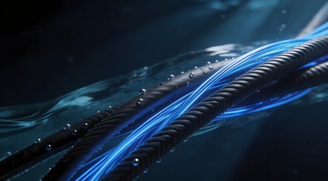 Immersion cooling concept with glowing fiber optics underwater and bubbles