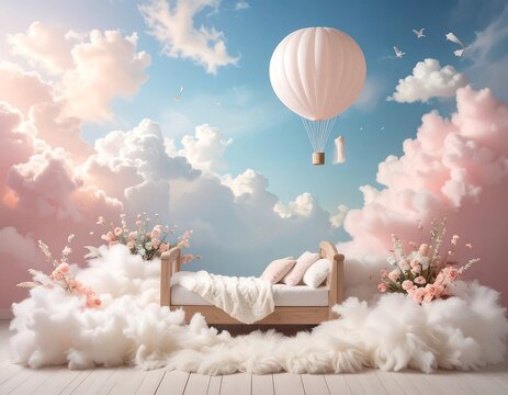A surreal scene a bed nestled among clouds, with a hot air balloon floating above a dreamscape