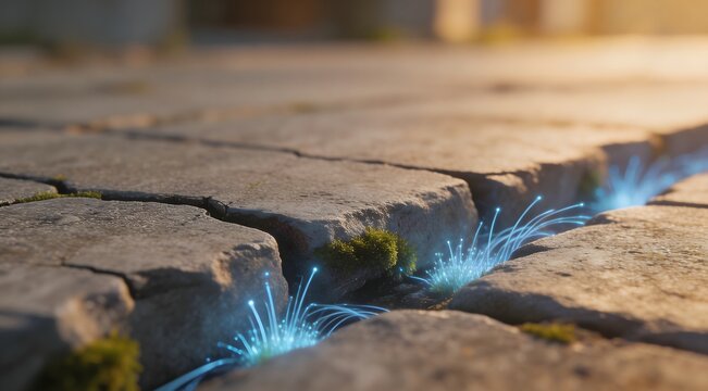Glowing cyan fiber optic roots growing from cracked concrete sidewalk