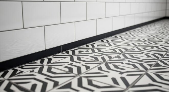 Bold geometric patterned floor meets clean white subway tiles on wall in modern interior design