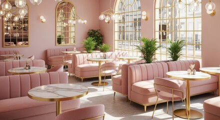 Obraz premium Modern cafe interior features plush pink velvet booths and elegant marble tables under soft golden lighting.