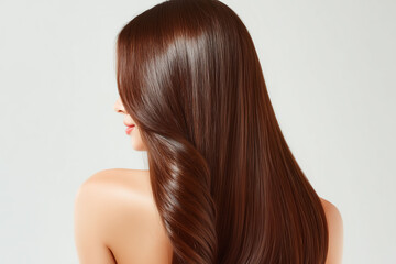 Naklejka premium シルクのような光沢を帯びたブラウンロングヘアの流れと美しいツイストで、補修感・まとまり・サロン級の仕上がりを訴求するヘアケア広告向けビジュアル
