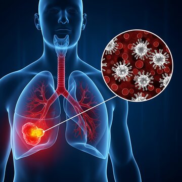 Human chest and lungs affected by disease, magnified virus cells shown in a detailed medical illustration