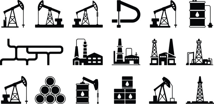 Oil industry icons petroleum production processing symbols drilling rigs refineries barrels energy sector flat vector illustration.