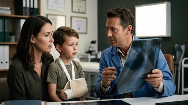 radiology doctor with kid patient and mom