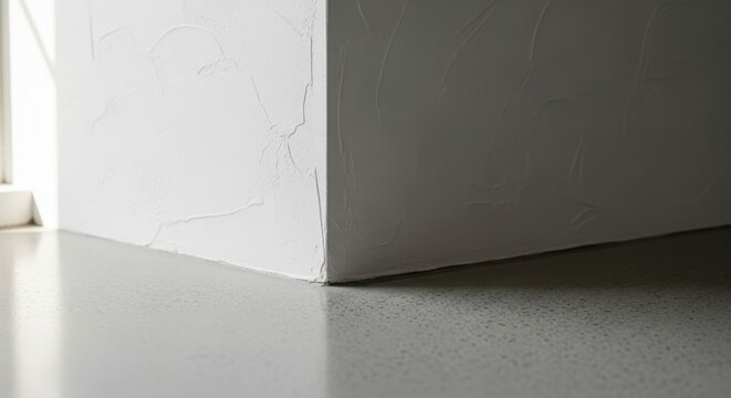 Abstract corner meeting of rough white plaster wall and smooth polished concrete floor