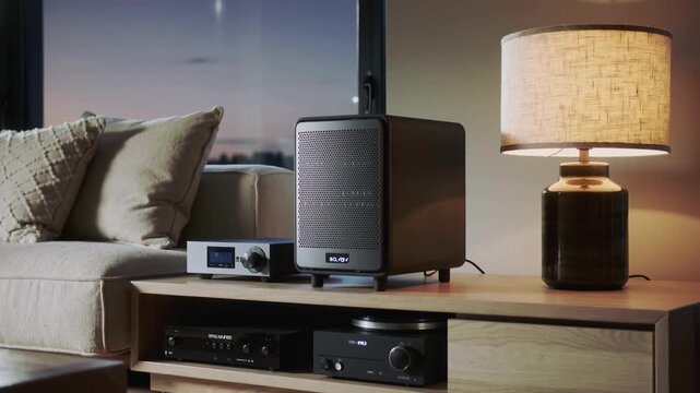 Evening living room with speaker lamp and sofa, soft warm lamp glow, plush cushions on neutral sofa, wooden media console with compact wireless speaker, sunset city view through large window, modern