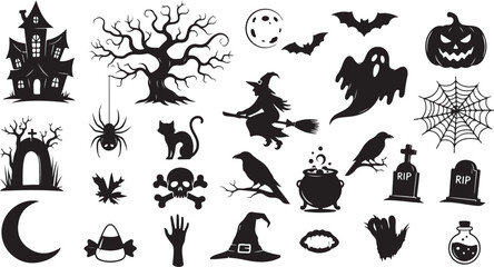 Fototapeta premium Halloween icons and symbols in black and white color