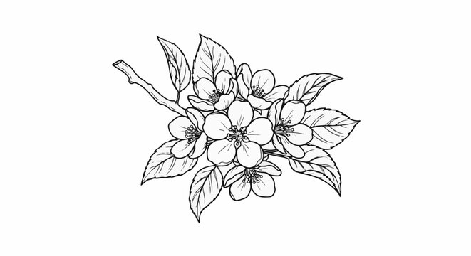 Delicate line drawing of blooming apple tree branches with leaves