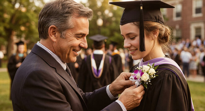 Proud father pinning corsage on daughter in graduation gown and cap during high school, college, university commencement ceremony outdoors