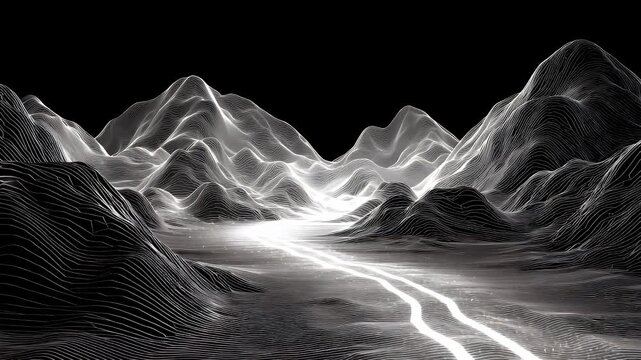 Abstract wireframe landscape showing digital mountains with glowing neon lines in motion for futuristic technology background representing data visualization and virtual reality environment.