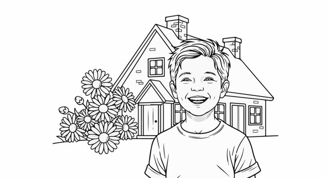 Cheerful boy with dimples smiles in front of a quaint house and flowers