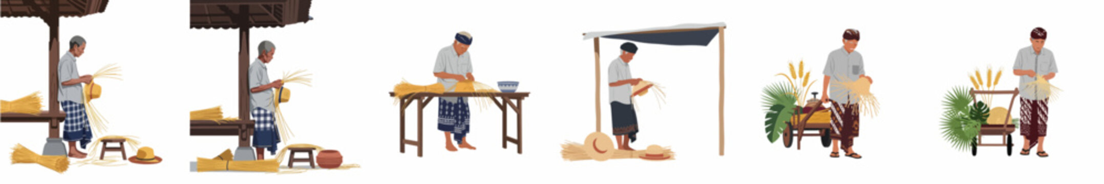 Set of illustrations depicting a traditional Indonesian artisan weaving straw hats in various outdoor settings, highlighting cultural heritage and manual craftsmanship.